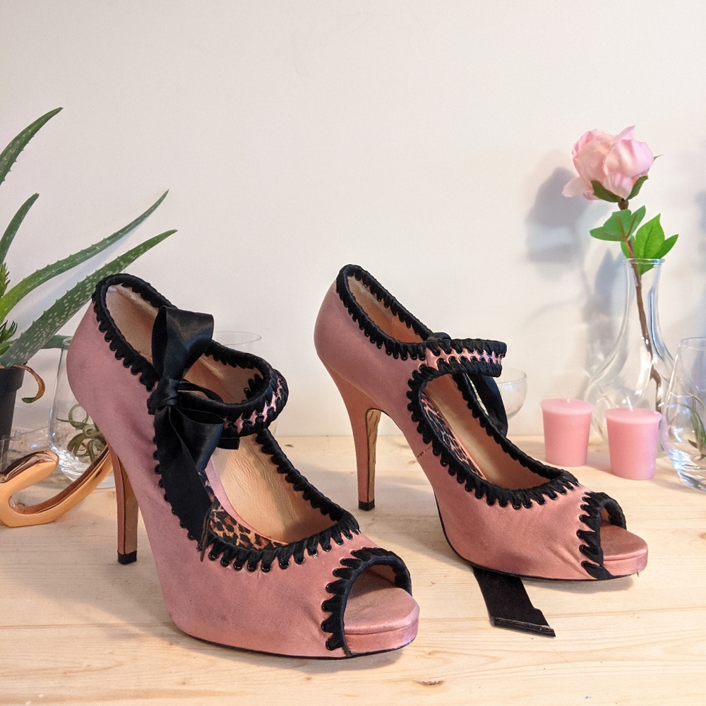Betsey Johnson Pink and Black Peep-Toe Mary Jane Heels